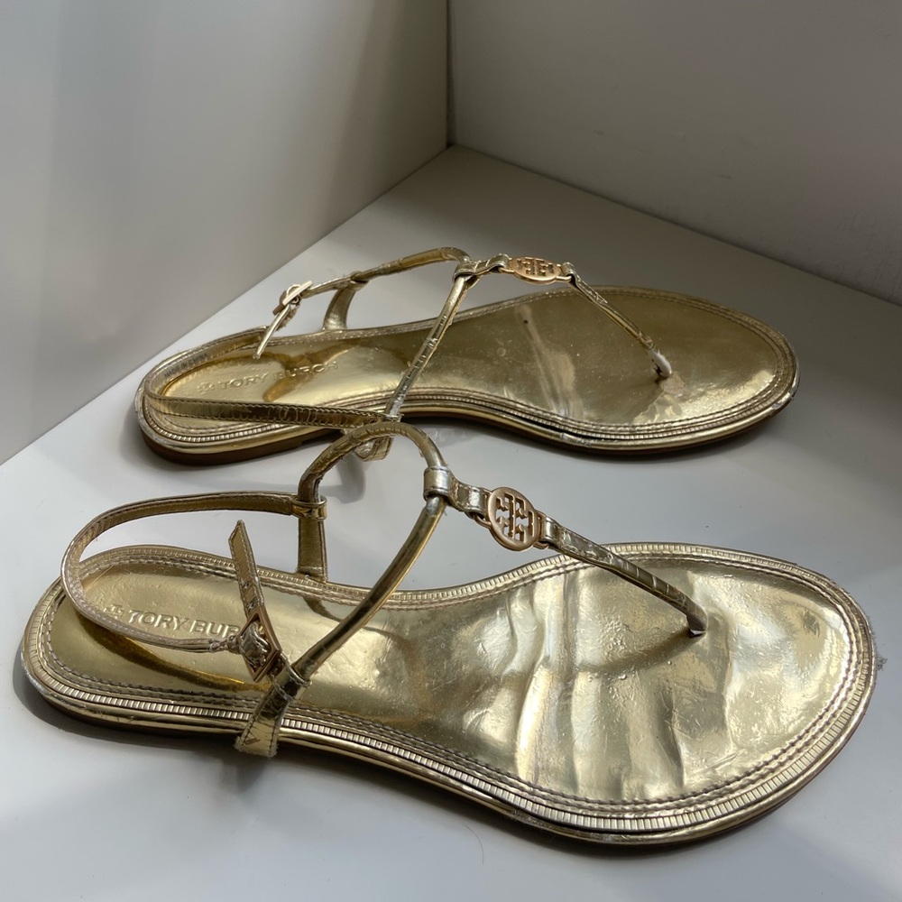 TORY BURCH Gold T Strap Wedge Sandals